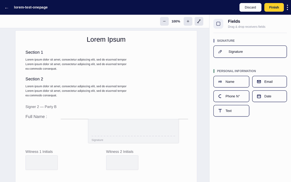 IMZA electronic signature workflow with drag-and-drop signature fields